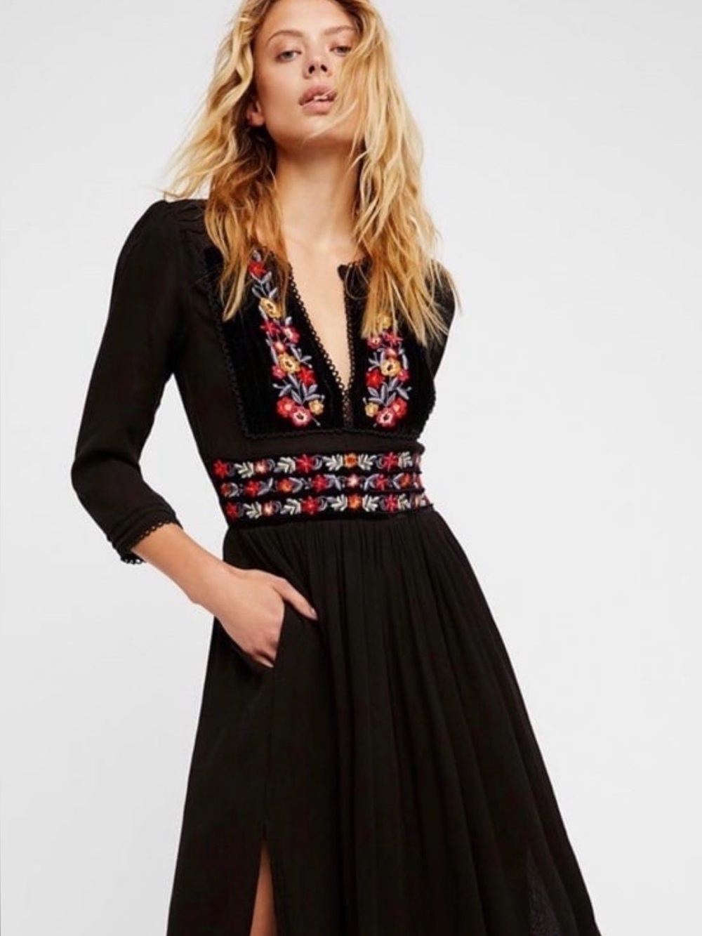 Free People Embroidered V-Neck Maxi Dress